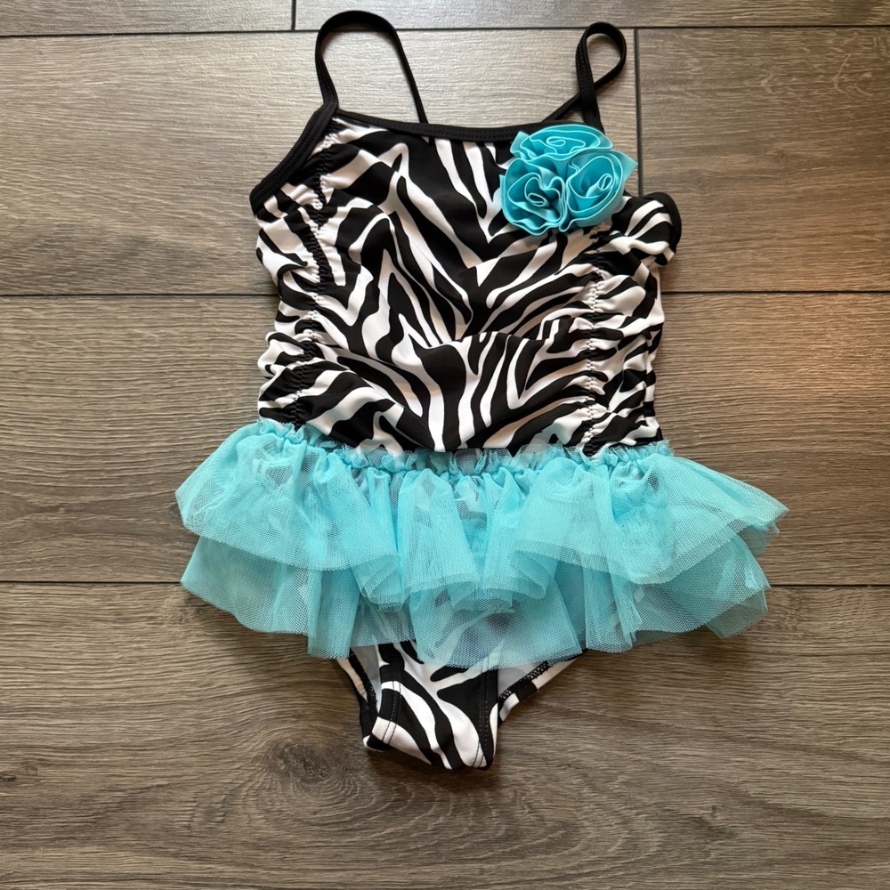 Koala Kids 4T Zebra Print One Piece Swimsuit Turquoise Tutu Ruffle Flower Black